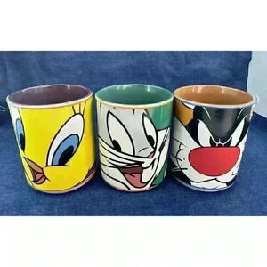 VTG 1998 Looney Toons Warner Bros Coffee Cups Mugs Bugs Bunny, Tweety, Sylvester
